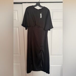 Black Satin Short Sleeve Midi Dress